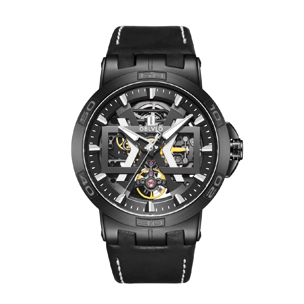 مستطيل الرياضة الهيكل العظمي مضيئة العسكرية التلقائي ساعة ميكانيكية للرجال الصلب حزام من الجلد الياقوت مقاوم للماء UM