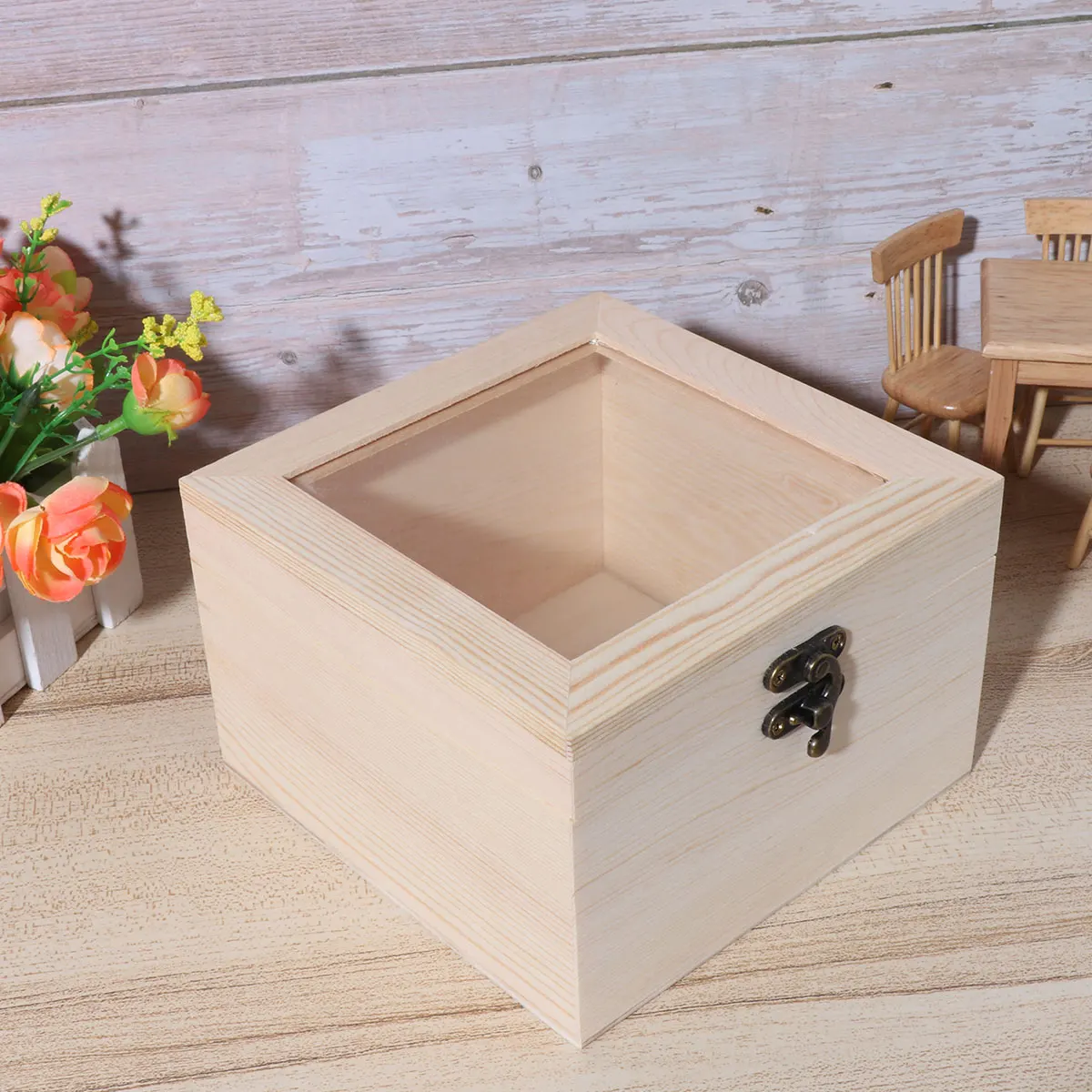 

Unfinished Wooden Gift Box for Eternal Flowers High Grade Natural Wood Craft Case DIY Decorative Storage Box 15x15x10cm Light