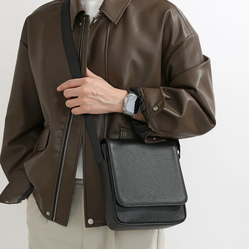 Men's Trendy Premium Vibe Genuine Cowhide Crossbody bags Minimalist Single Shoulder Bags Casual Messenger Bag for Business Bolsa
