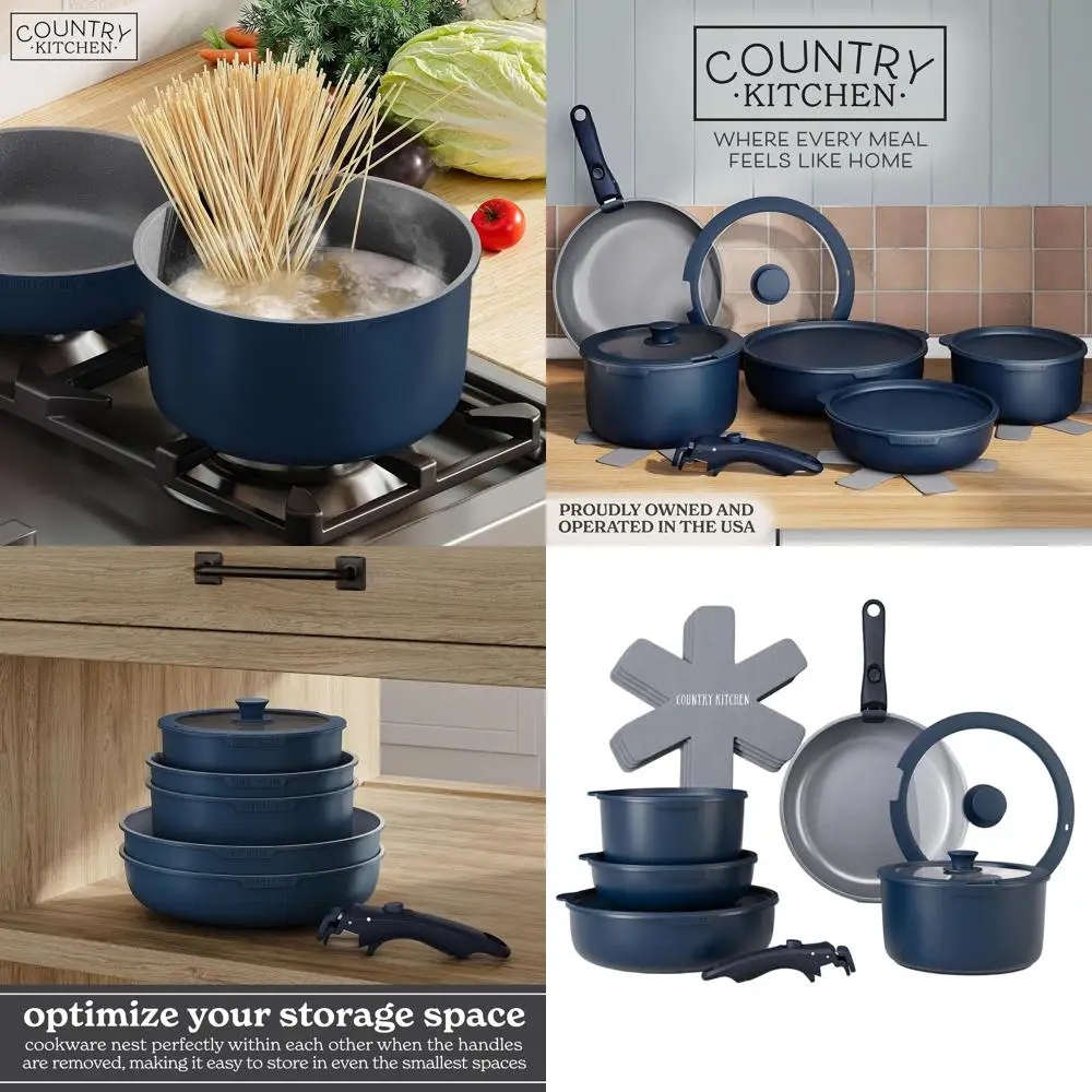 

Portable Cookware Set with Detachable Handle, Oven and RV-Friendly Pans in Denim Blue