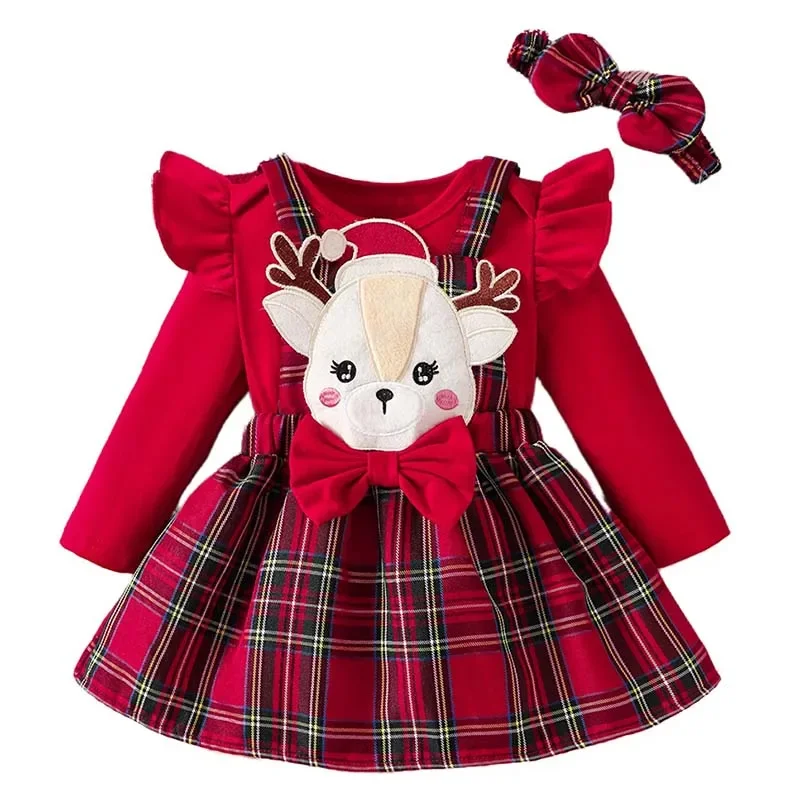 

Рождественское платье для новорожденных, костюм оленя с рисунком для маленьких девочек, красное клетчатое платье в Англии, 3 шт./компл., осенняя праздничная одежда для малышей, 12 м