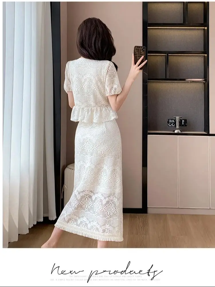 New Summer Lace Skirt Suits Two Piece Sets Women Outfits Elegant Square Collar Ruffles Top + Bodycon Tassel  Mid Skirt Sets