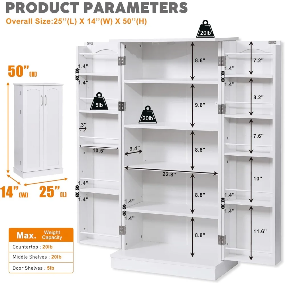 50" LED Kitchen Pantry Storage Cabinets, Standing Food Cabinets with 2 Doors, Racks and Shelves Adjustable