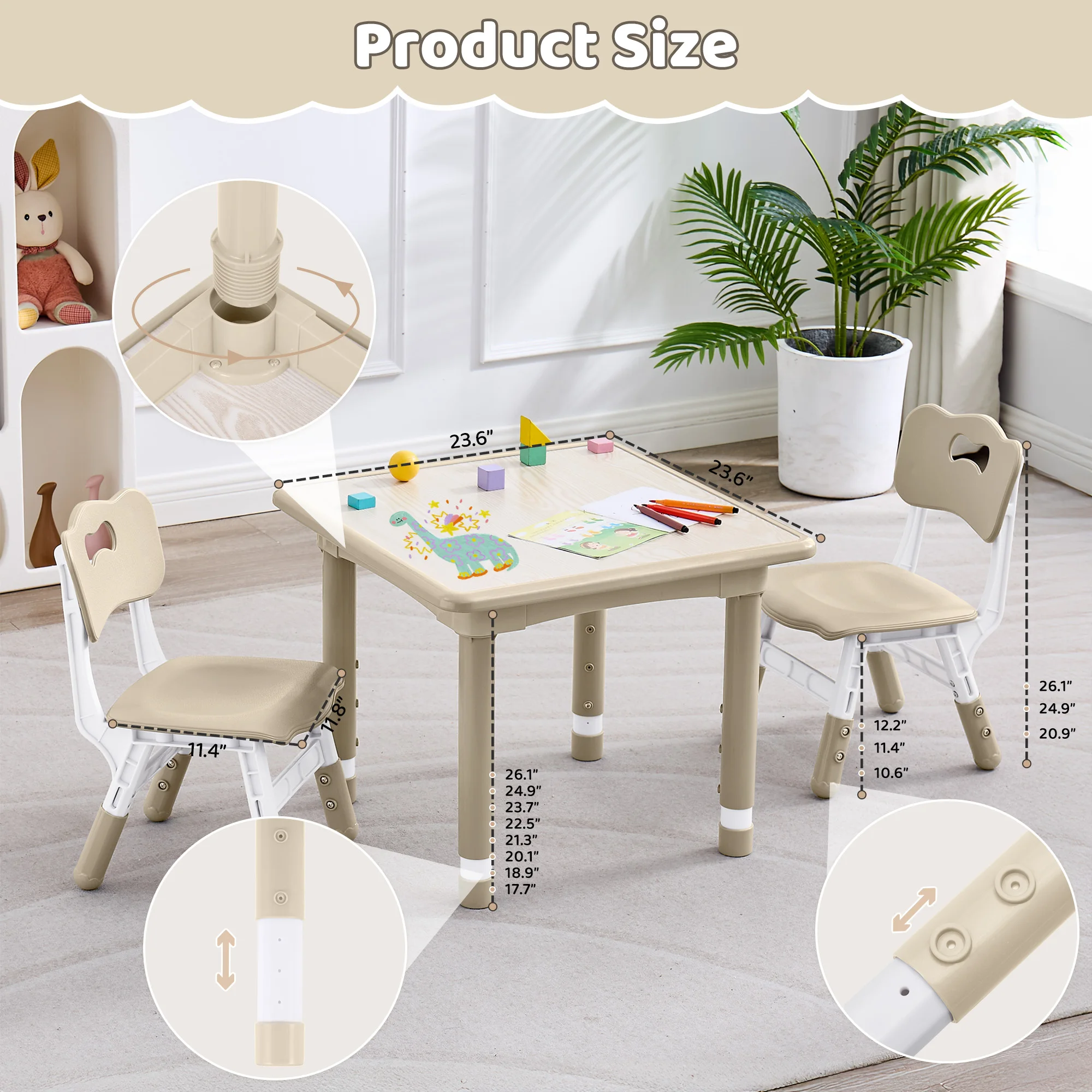 Kids Table And 2 Chairs Set Height Adjustable for Ages 2-8 Non-Slip Wipe-Clean Montessori Learning Art Drawing Desk with 2 Chairs for Home Preschool view 8