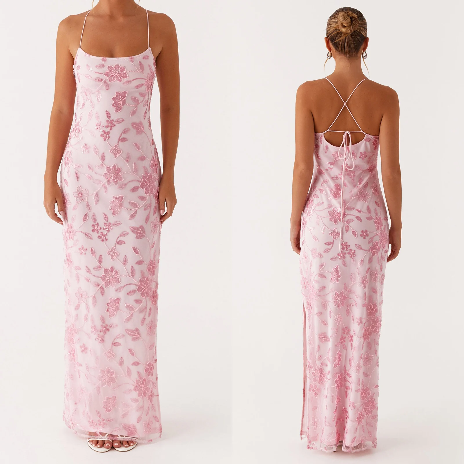 2025 여성 페르시 꽃 캐미 드레스 슬림 반짝이 스팽글 높은 분할 스파게티 스트랩 오픈 백 롱 드레스 파티 클럽 베스 티드