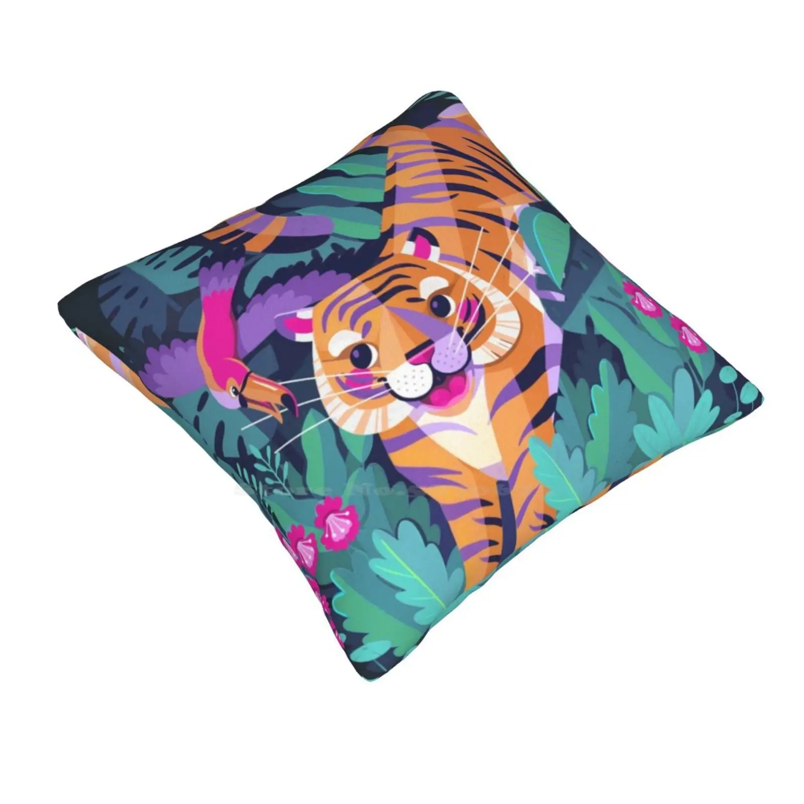 Jumping Tiger-Flying Toucan Home Sofa Car Cushion Cover Pillowcase Toucan Tiger Jungle Childrens Illustration 80S