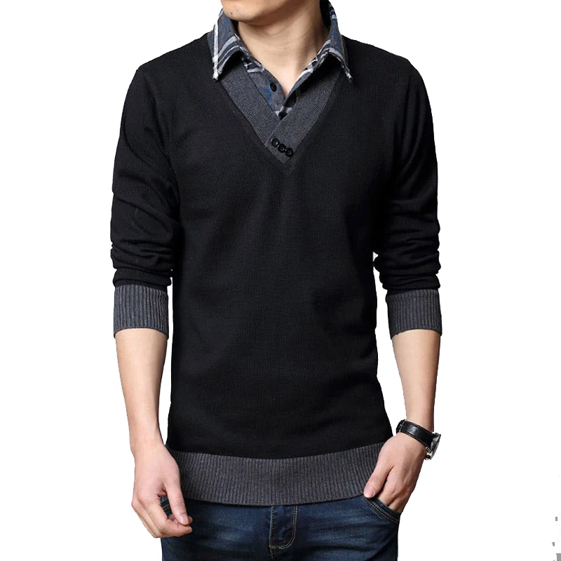 Slim Sweater Men Autumn Winter Thicked Warm Slim Sweaters Casual Fake Two Design Dress Pullover Men Cotton Hombre
