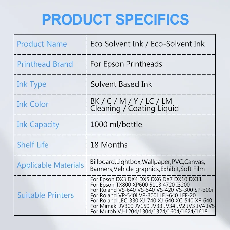 1000ML Eco-Solvent Ink For Epson/Roland/Mimaki/Mutoh DX4 DX5 DX6 DX7 DX10 TX800 XP600 5113 4720 I3200 Printhead Eco Solvent Ink