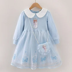 Disney Frozen Girls Dress With Bag Long-sleeved Princess Dress for Children Gauze Kids Dress Elsa Anna Birthday Party Clothes