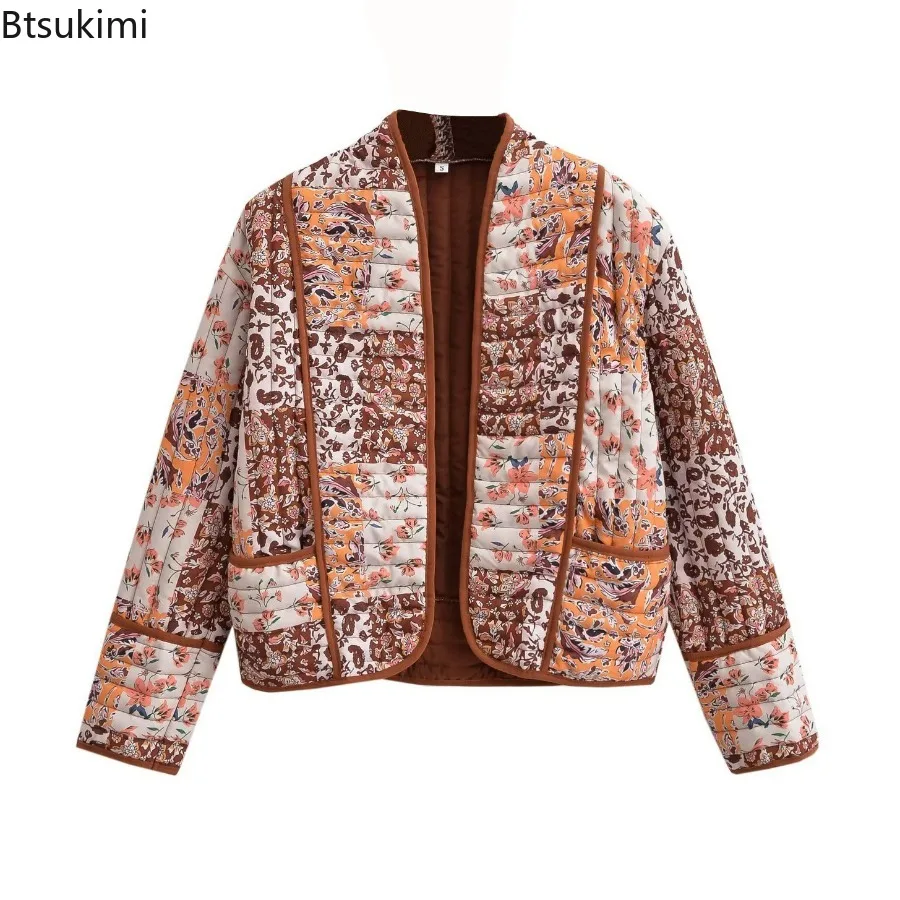 2024Women\'s Casual Warm Jacket Autumn Winter Floral Print Quilted Reversible Cotton Coat Cardigan Long Sleeve Streetwear Jackets