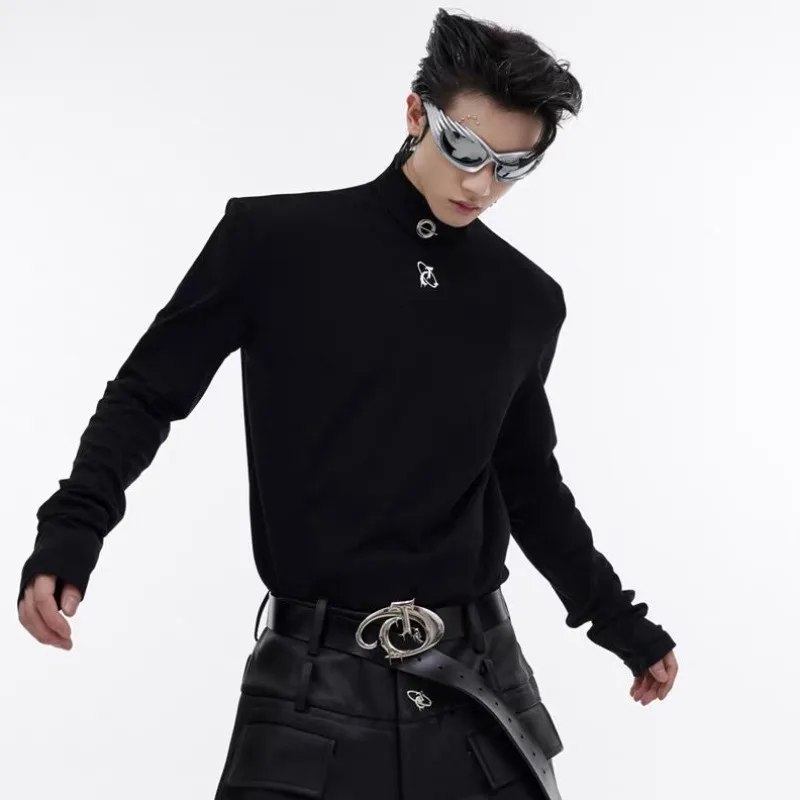 

Spring Niche Metal Logo High Neck T-shirt Shoulder Pad Base Shirt Long Sleeved Simple Slim Body Shaping Punk Futuristic Pullover