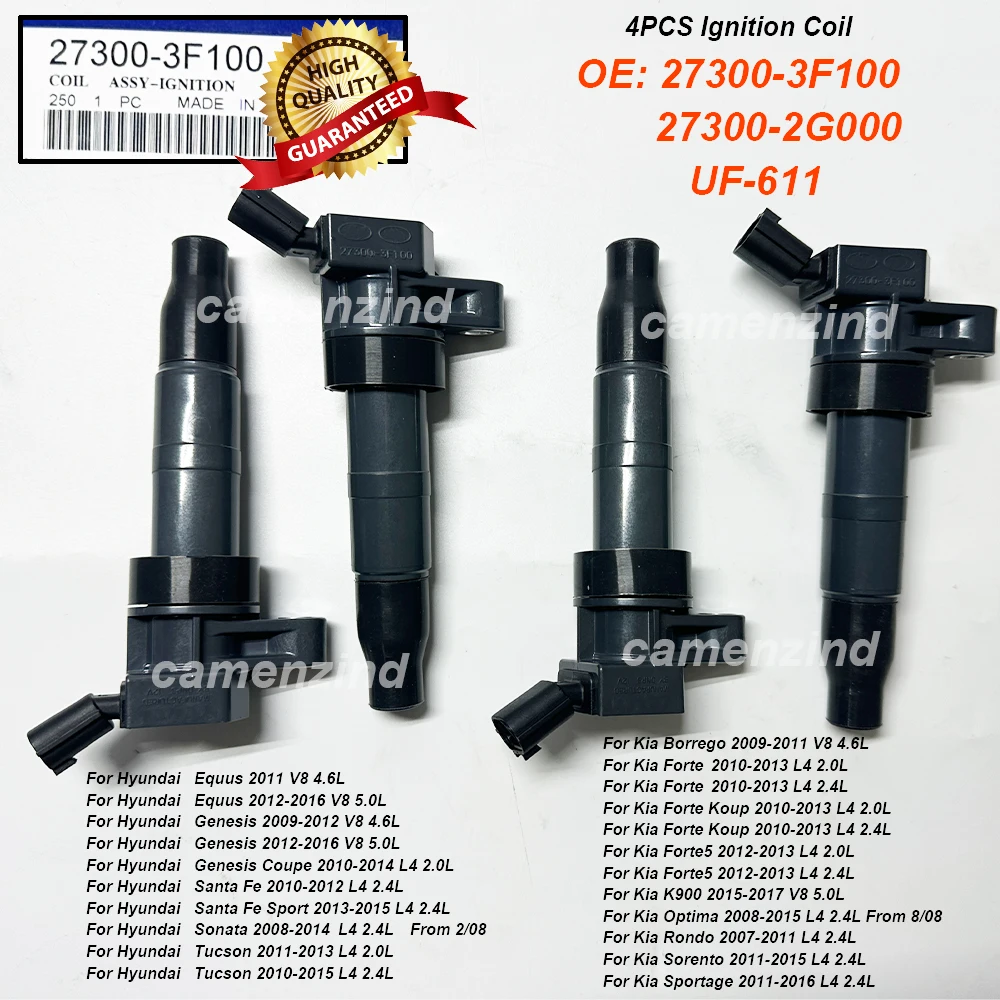 

Комплект из 4 высококачественных катушек зажигания 27300-3F100 27300-2G000 UF-611 для Hyundai Santa Fe 2010-2012 L4 2.4L