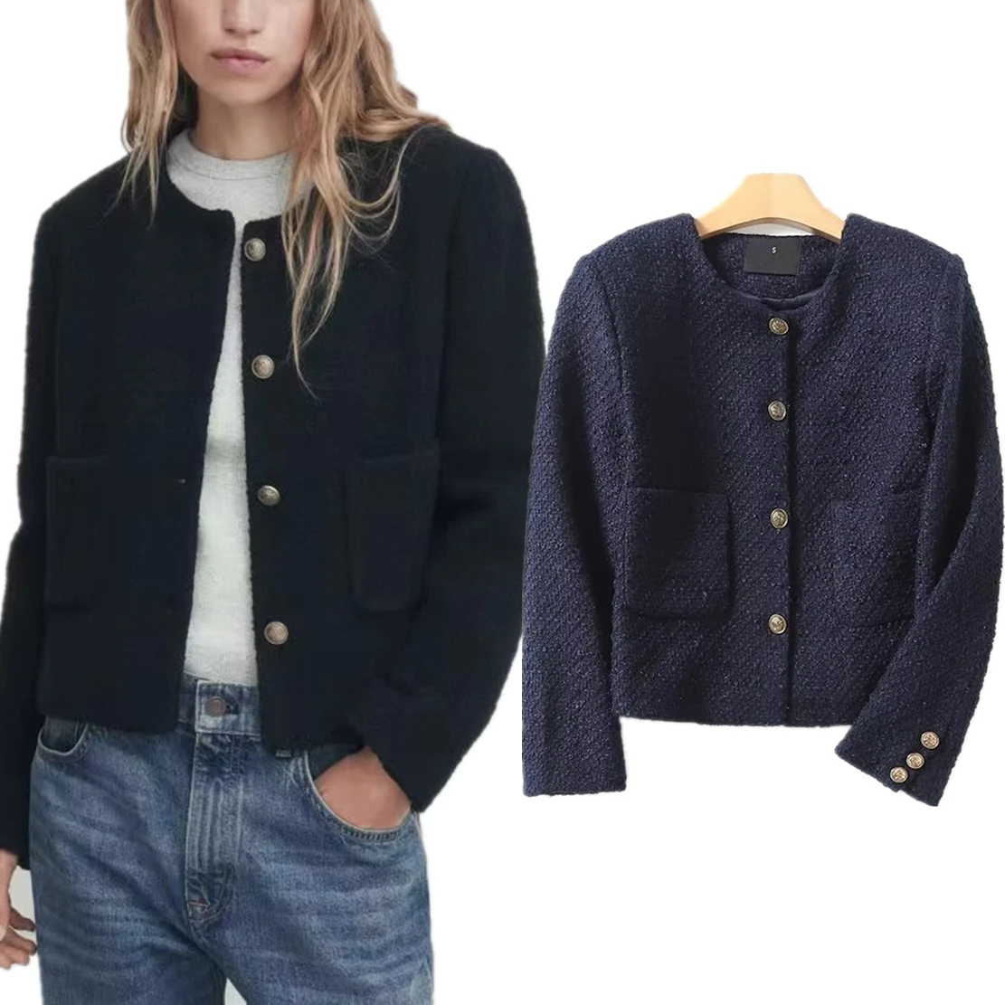 Dave&Di Fashion Ladies Textured Coat Elegant Single  Navy Blue breasted Casual Jacket Women For Winter