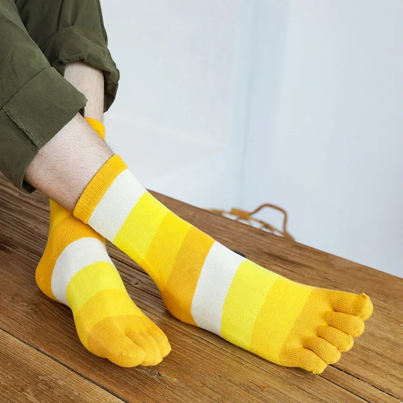Мужские носки с пятью пальцами, короткие деловые платья из чистого хлопка, повседневные полосатые антибактериальные дышащие теплые мягкие эластичные носки