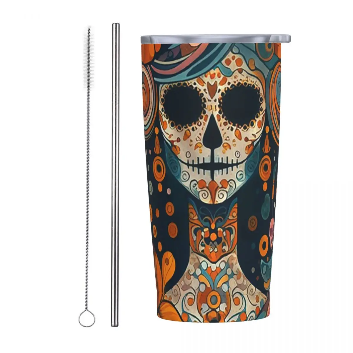 Mexican Catrina Girl Day Of The Dead Sugar Skull Stainless Steel Tumbler Vacuum Insulated Mugs Thermal Cold Bottle With Lid 20oz
