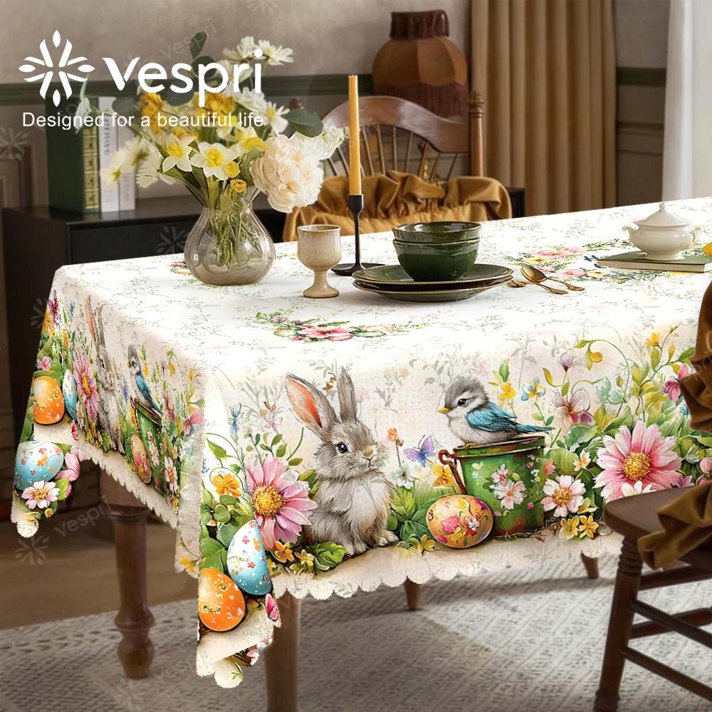 Vespri Oster-Tischdecke Dekor Leinen-Überzug Weiß Grün Hase Vogel Blume Rund Rechteckig Oval Polyester