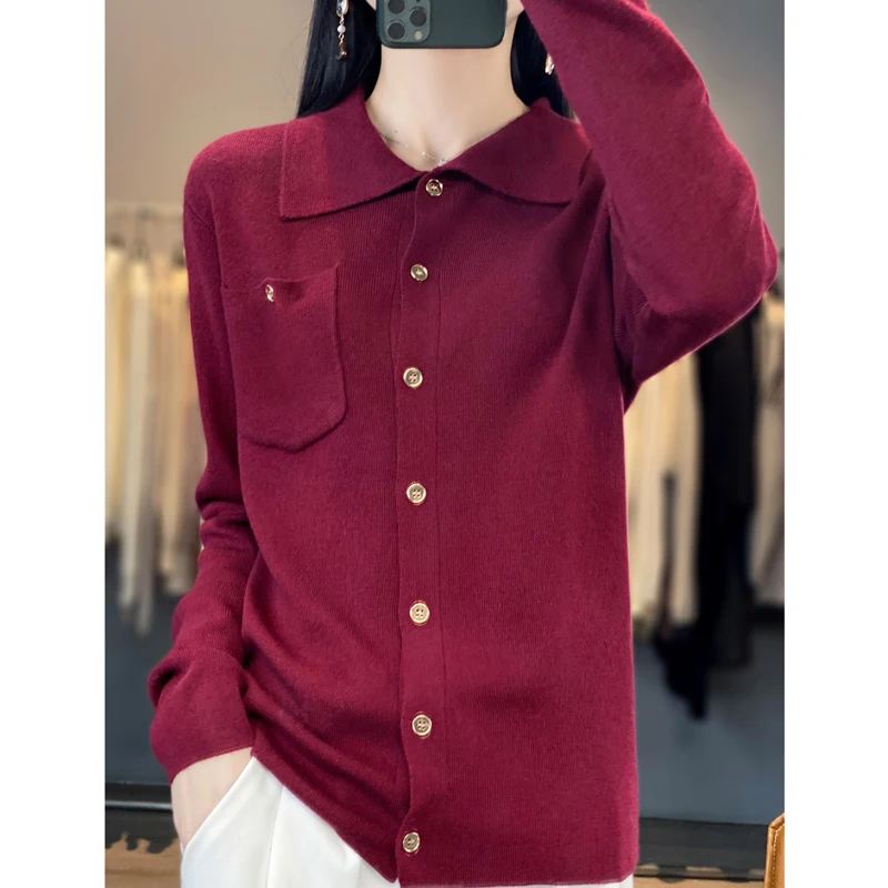 

Wool Knitted Cardigan POLO Collar Loose Long Sleeve Women's Cardigan Coat Solid Color 2024 New Fashion Sweater Knitted Top