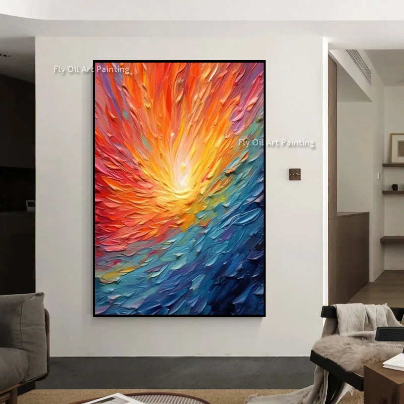 Bold Thick Impasto Canvas Painting, Fiery Radiant 3D Texture Handmade Palette Knife Artwork, Home Decor