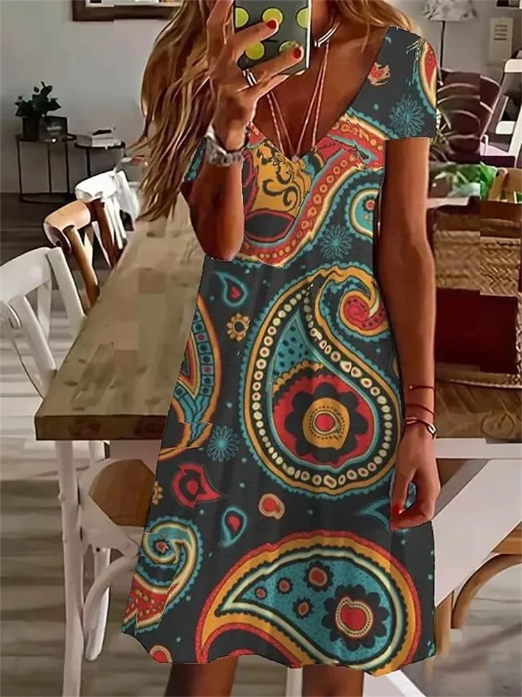 Robe vintage à manches courtes pour femmes, nouvelle collection été, pull à la mode, décontractée, col en v, imprimé fleuri, 2023