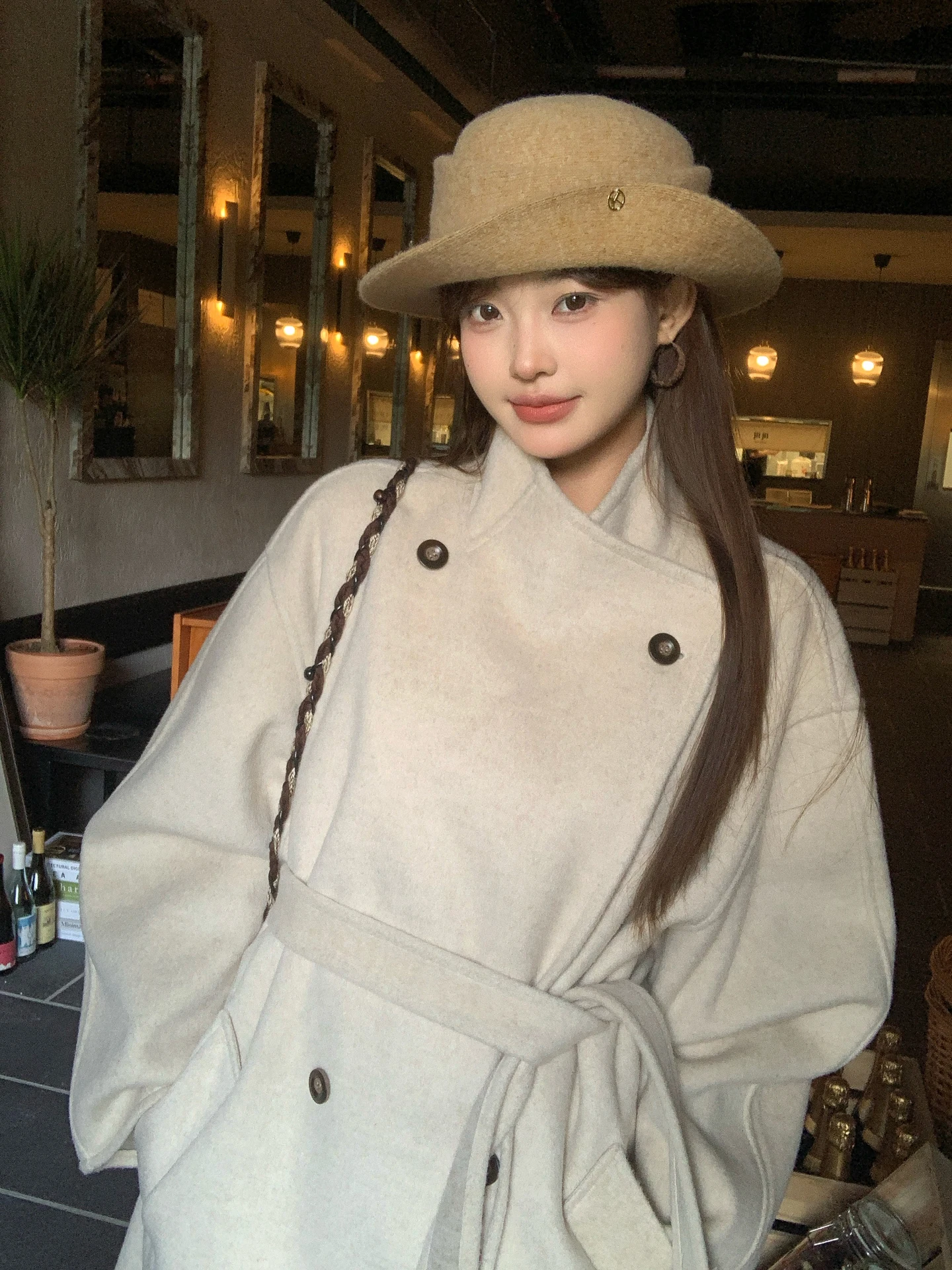 

Ele Double-Faced Woolen Coat Women's Korean Sle Winter Outerwear Stand Collar Midi Length Versatile Gentle Temperament