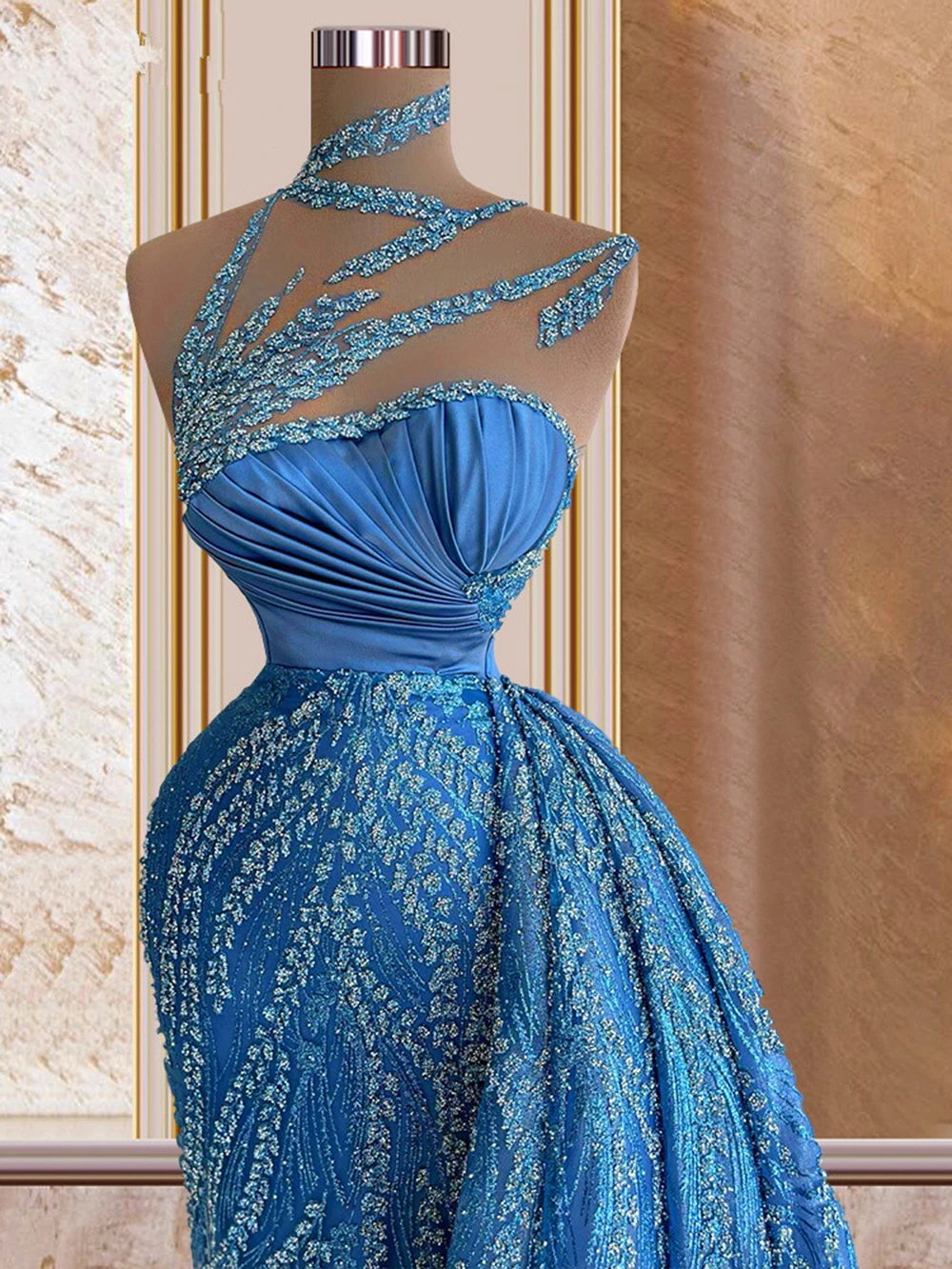 Vestidos de Noche azules de lujo con cuentas de sirena para graduación, vestidos de fiesta de talla grande con pliegues de lentejuelas hechos a medida