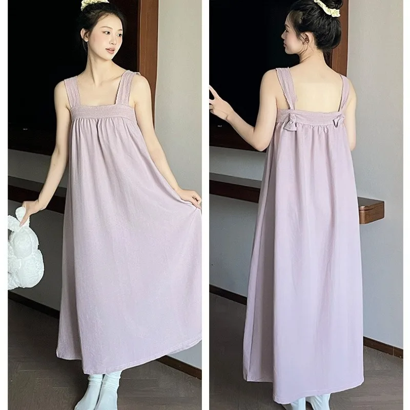 Vestido largo con tirantes coreanos de talla grande 3XL, pijamas holgados y dulces para mujer coreana con almohadilla en el pecho, ropa de dormir de casa lisa hasta el tobillo