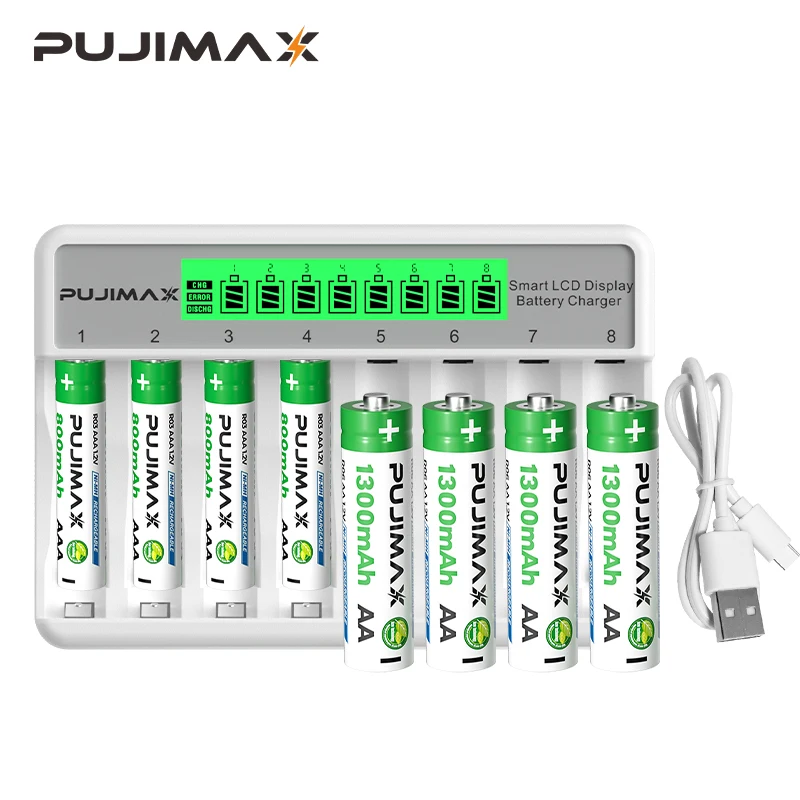 PUJIMAX 8-gniazdowa ładowarka akumulatorów z wyświetlaczem LCD inteligentna inteligentna do akumulatorów AA/AAA NiCd NiMh ładowarka aa aaa