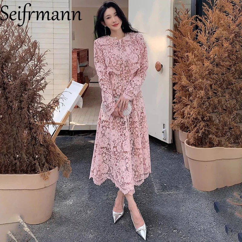 

Seifrmann 2026 Spring Women's New Fashion Round Neck Long Sleeve Lace Top+Round Neck Sleeveless Dress Two Piece Set