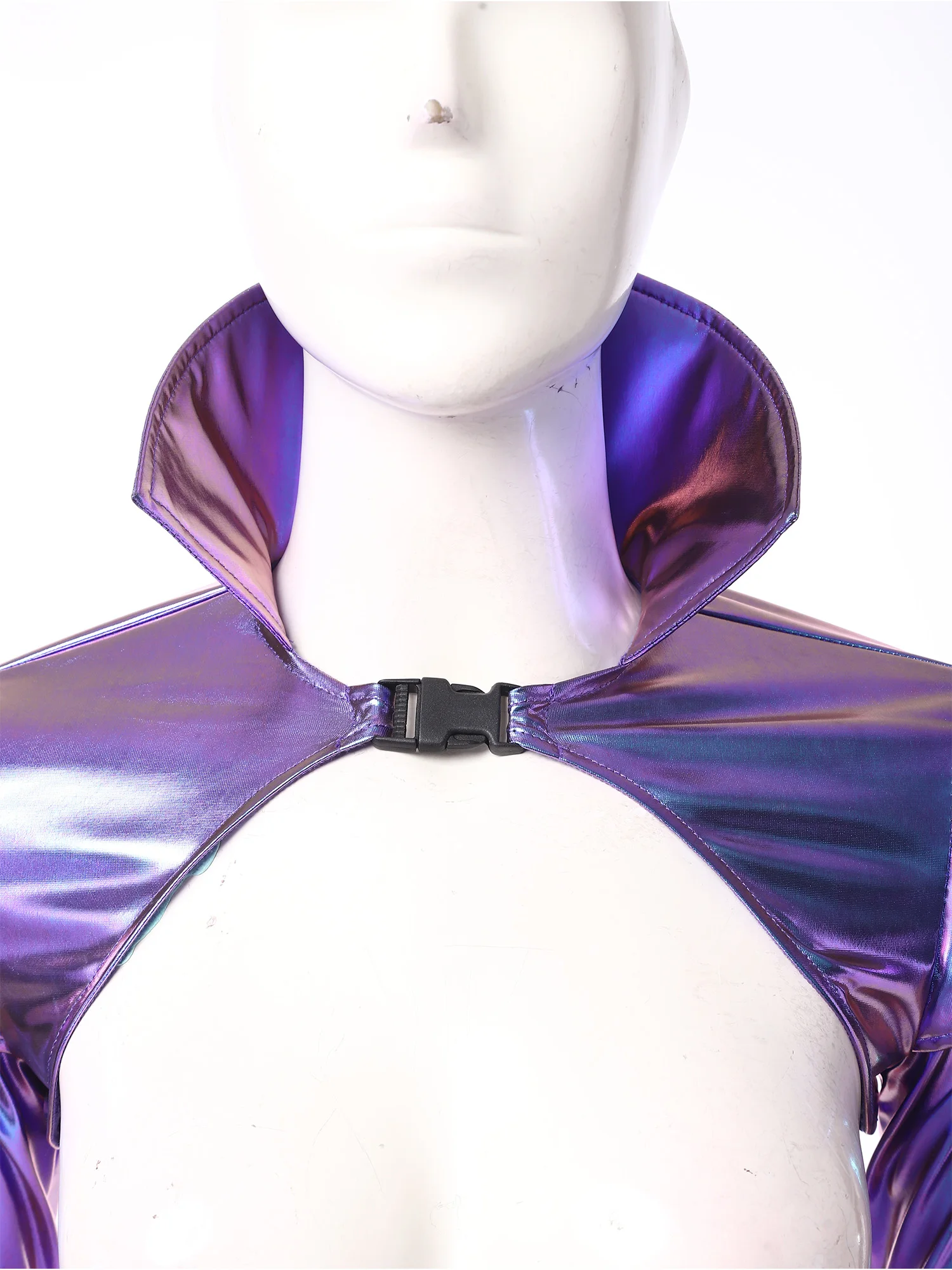 Womens Shiny Metallic Shrug Top Holographic Structured Epaulets Stand Collar Armor Shrug Crop Top Gothic Steampunk Rave Clubwear