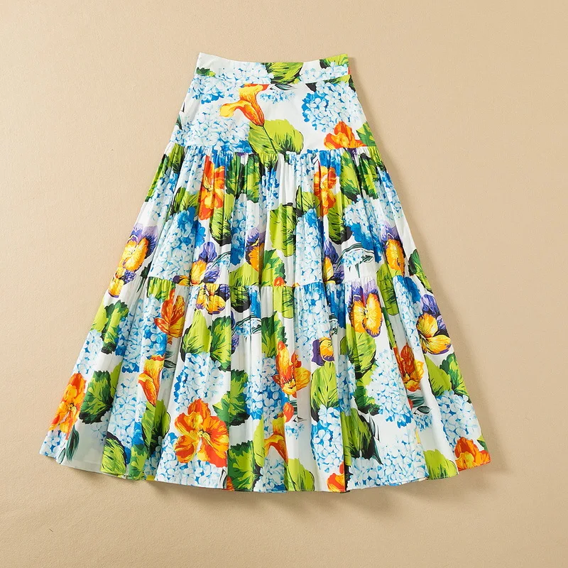 

European and American women's wear spring 2022 new Hydrangea print fashion pleated cotton skirt