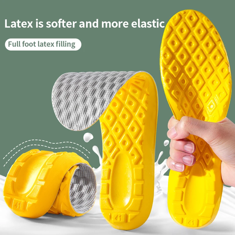 2 pair of yellow 4D soft latex memory foam insoles with sports support inserted into breathable insoles for men's and women's ru