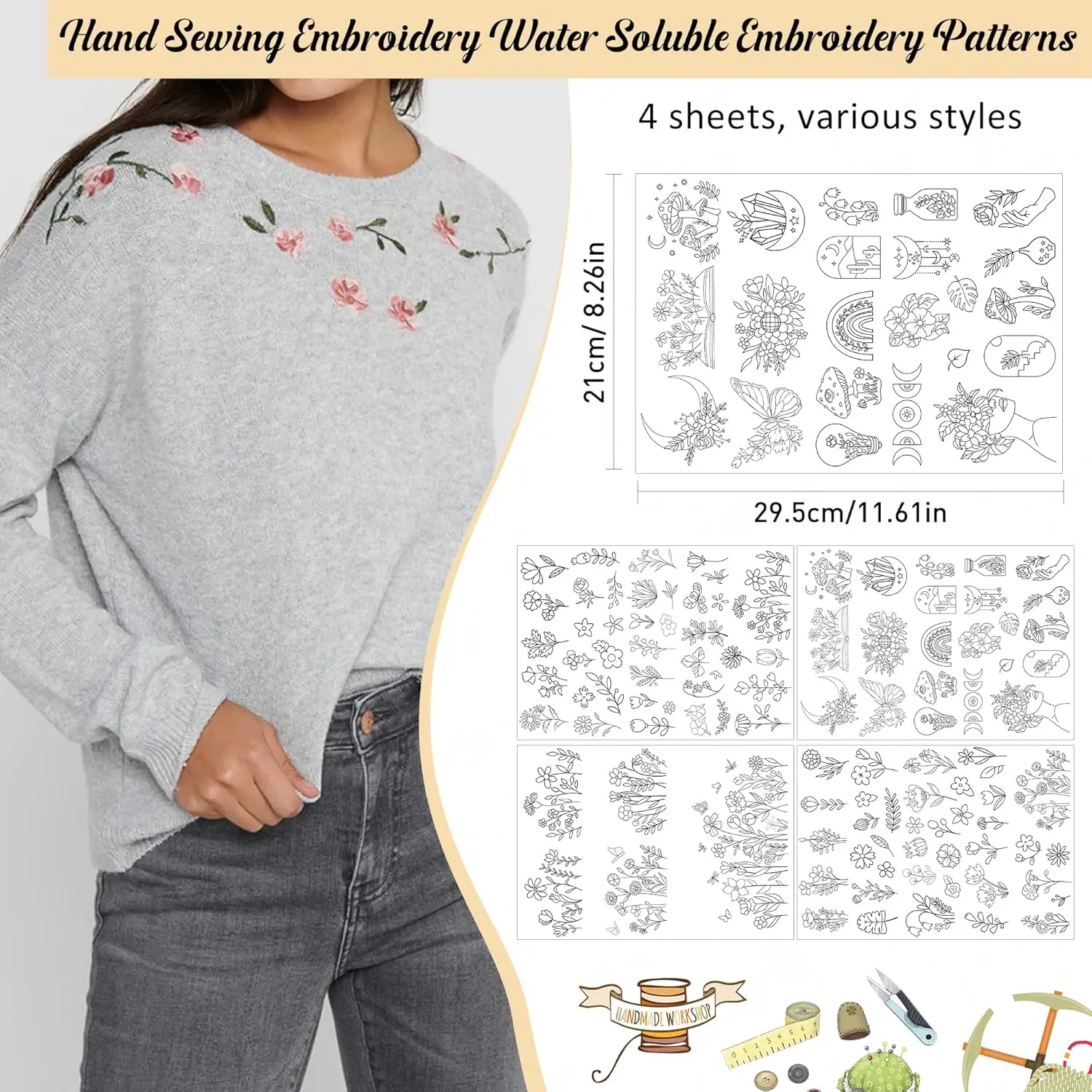 مثبتات التطريز القابلة للذوبان في الماء، أنماط الحروف، عصا التطريز والورق مع أنماط الزهور المطبوعة مسبقًا