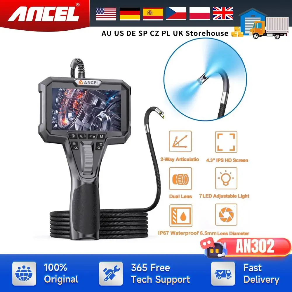 Automotive Endoscope Two-Way Articulating Borescope with 7 LED Lights Dual Camera HD Endoscope Car Inspection Tools ANCEL AN302