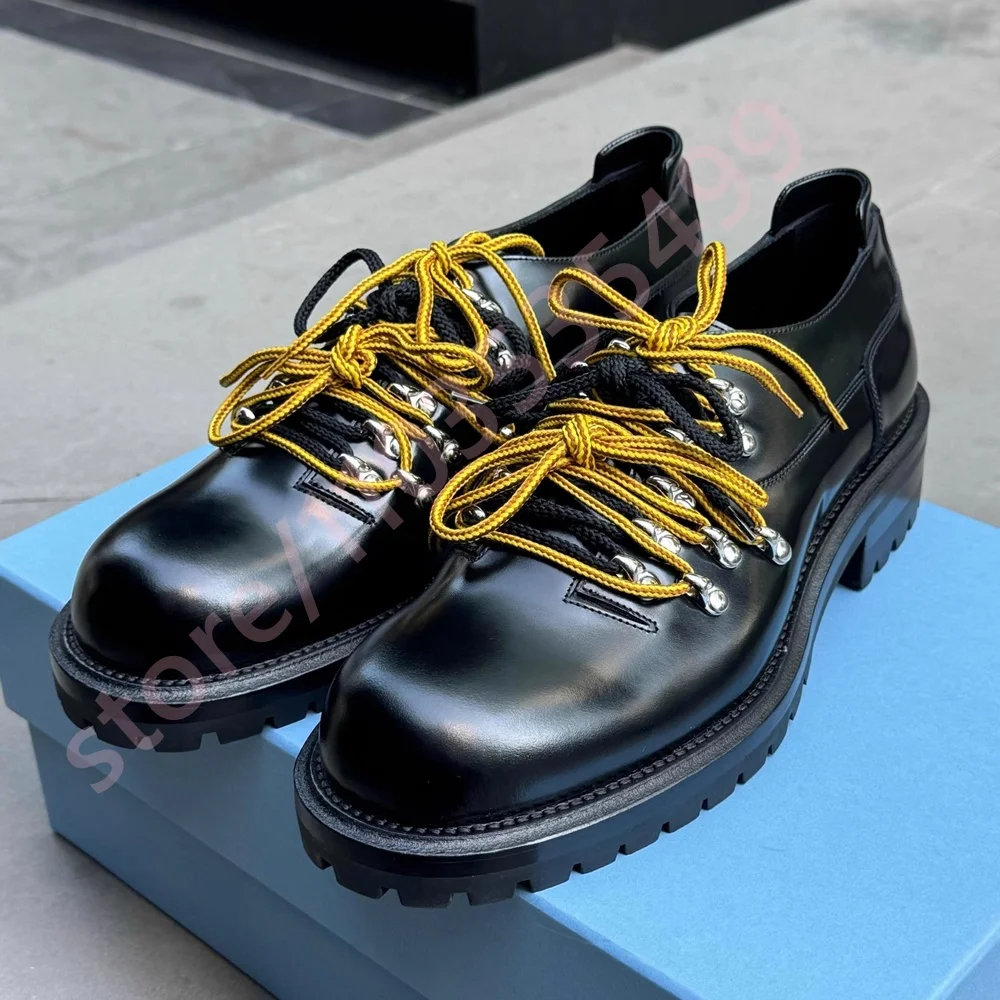 

Black Thick Sole British Style Loafers 2025 Summer New Round-Toe Yellow Straps Shoes Street Fashion 39-45 Lace-Up Casual Shoes