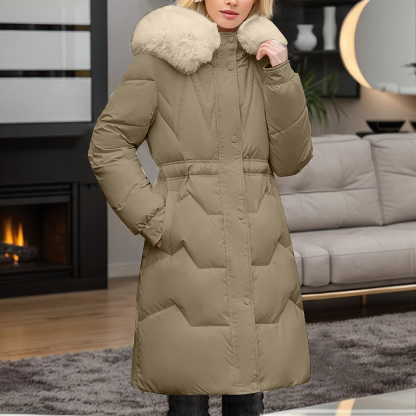 Women's Fashionable Casual Slim Fitting Waisted Down Cotton Women's Mid Length Winter Thick Hooded Large Woolen Long Coats Women