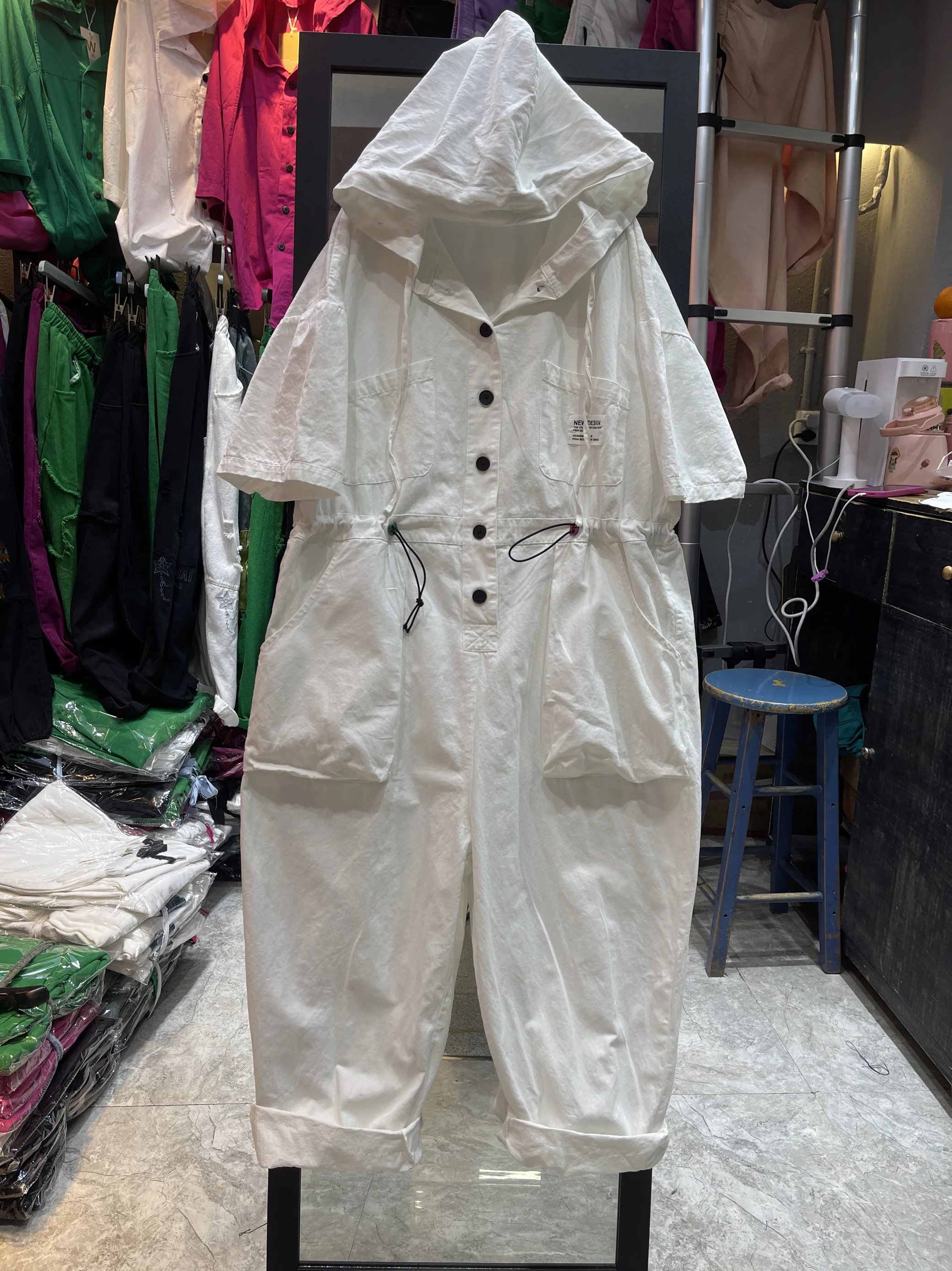 Mono vaquero fino con capucha para mujer, pantalones de una pieza de manga corta con botones, ropa de calle de verano, Hip Hop