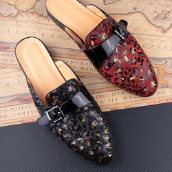 New Fashion Summer Slippers Casual Sequin Cloth Black Red Loafers Men Shoes Hide Toes Outdoor Comfortable Sandals Male Footwear