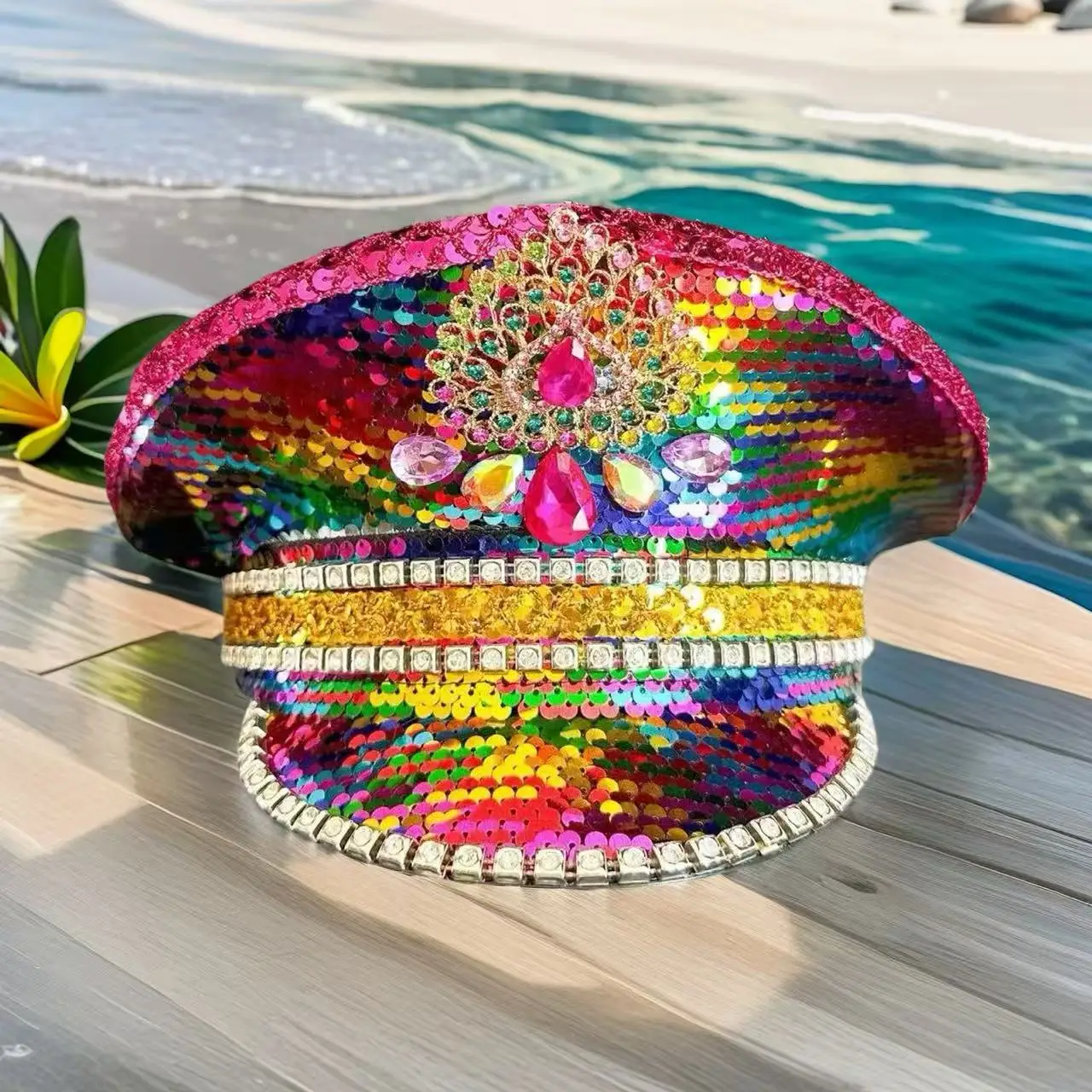 

Steampunk Captain Hat Rhinestone for Carnival, Mardi Gras, Vintage Military Accessories & Cap for Men & Women