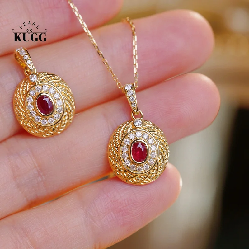 KUGG 100% 18K Yellow Gold Necklace Real Natural Diamond Natural Ruby Pendant Necklace for Women Classic Style High Party Jewelry