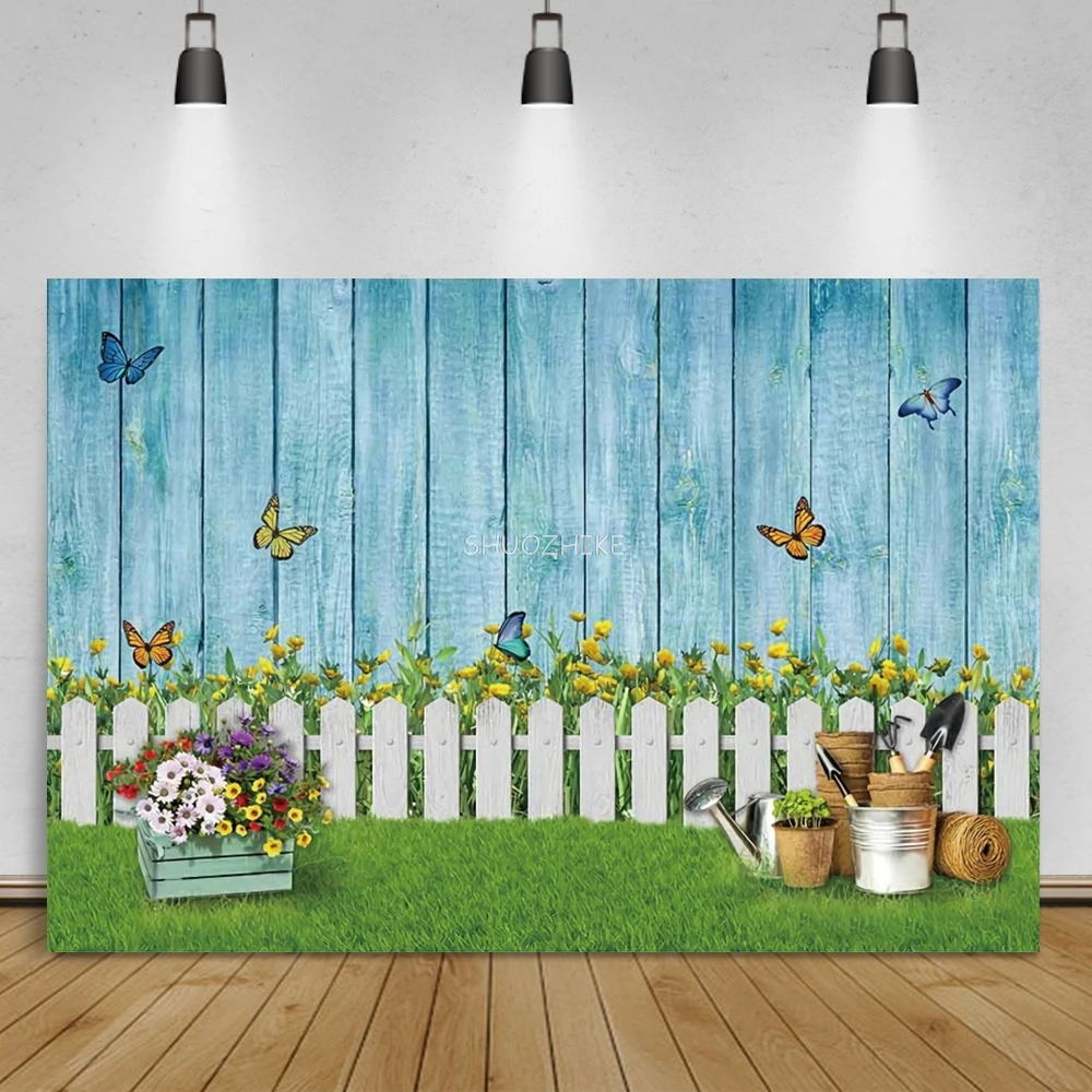 

Easter Background Blue Wood Wall Fence Spring Green Grass Potted Flower Baby Kid Portrait Photography Backdrop For Photo Studio