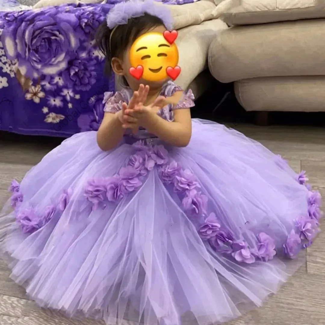 Lovely Lavender Flower Girl Dress for Wedding With Bow Sequins 3D Florals Princess First Communion Birthday Gowns Customized