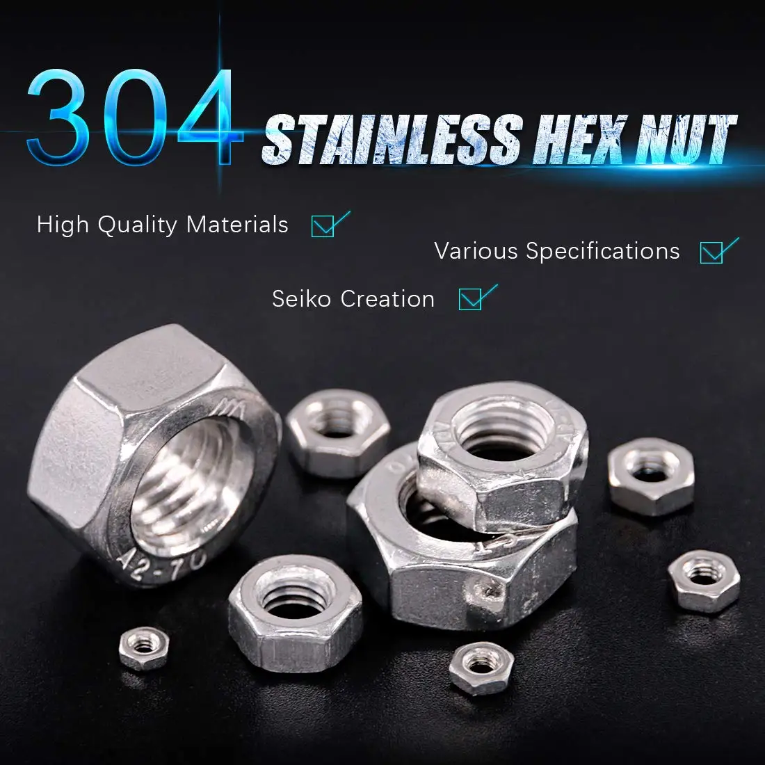 T.K. Excellent 304 Stainless Steel Hex Hexagon Nuts M3 M4 M5 M6 M8 M10 Kits ,240 Pcs Hex Hexagon Self locking Nut Kit