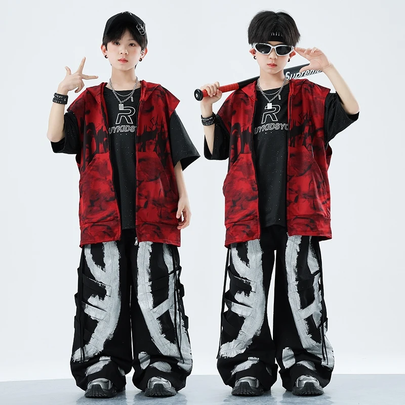 เด็ก Hip Hop Cool หลวมย้อมกางเกง Cargo Boys Street Dance สีแดง Hoodie เด็ก Streetwear วัยรุ่นเครื่องแต่งกายแจ๊สเสื้อผ้าชุด XH2908