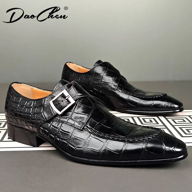 LUXURY MEN LEATHER SHOES SLIP-ON BLACK CROCODILE PRINT MONK STRAP LOAFERS MENS DRESS SHOES WEDDING OFFICE SHOES FOR MEN