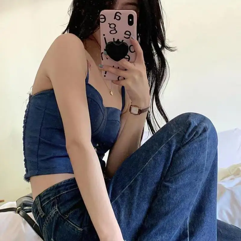 Women Denim Corset Camis Sexy Solid Color Built In Bra Female Streetwear Fashion Tank Tops Cotton Jeans Underwear Tube Top New