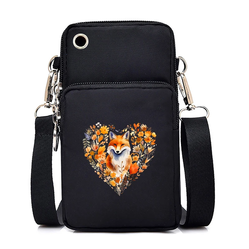 Flower Fox Print Mini Mobile Phone Bag Women Cute Sheep Floral Vertical Handbag Heart Flower Cartoon Animal Lover Shoulder Bags