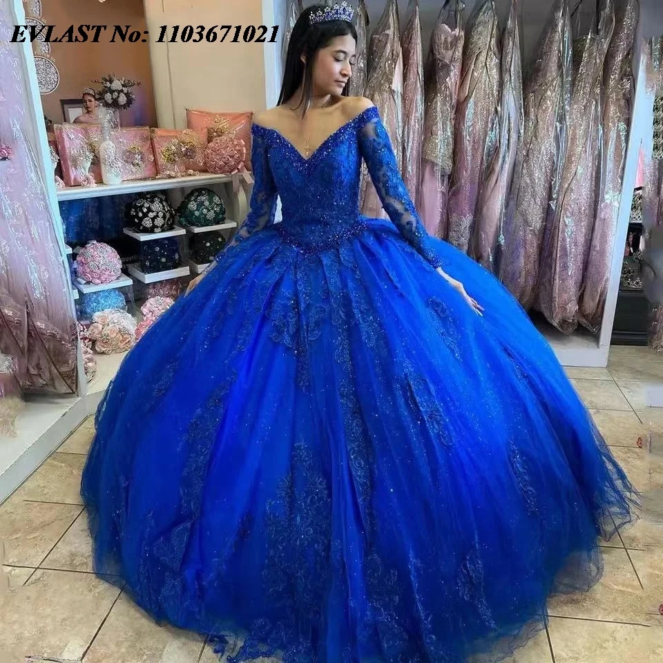 

EVLAST Royal Blue Quinnceanera Dress 2024 Ball Gown Long Sleeve Lace Applique Beaded Crystals Sweet 16 Vestidos De 15 Anos SQ513