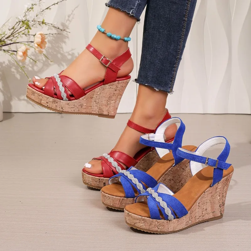 2026 New Rhinestone Decor Solid Casual Wedge Heel Women Shoes Fashion Ankle Strap Hollow Out Women Shoes Сандалии Для Девочек