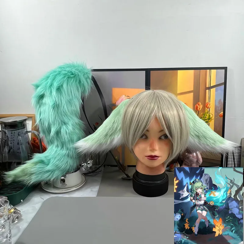 Anime Honkai: Star Rail HuoHuo Green Tail Simulation fox sheep cat ear tail Cosplay Costume headwear lovely Props Halloween Gift
