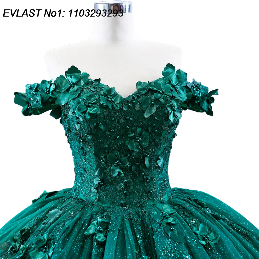 EVLAST Personalizzato Verde Lucido Abito di Sfera Abito Quinceanera Glitter Floreale Applique Che Borda Dolce 16 Abiti Da 15 Anos E1QN17